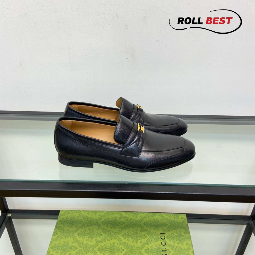 Giày Gucci Loafer Đen Da Nhăn Logo Gucci Vàng Nhỏ