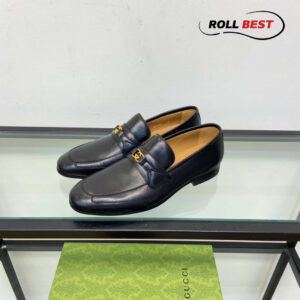 Giày Gucci Loafer Đen Da Nhăn Logo Gucci Vàng Nhỏ