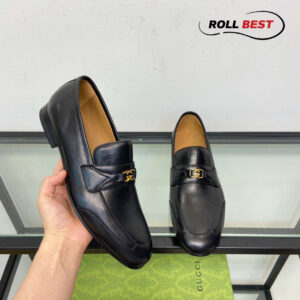 Giày Gucci Loafer Đen Da Nhăn Logo Gucci Vàng Nhỏ