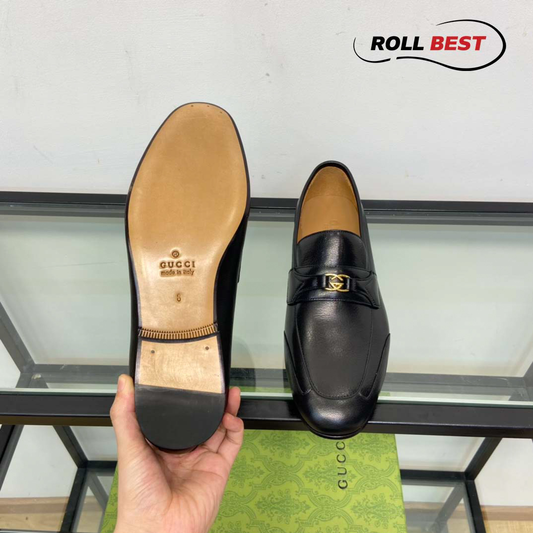 Giày Gucci Loafer Đen Da Nhăn Logo Gucci Vàng Nhỏ