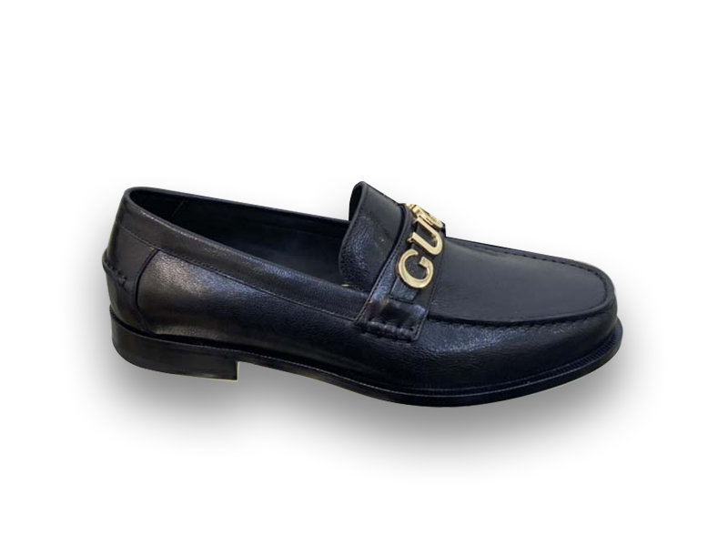 Giày Gucci Loafer Đen Da Nhăn Logo Gucci Vàng