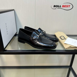 Giày Gucci Loafer Đen Da Trơn Khóa Bạc Ngang