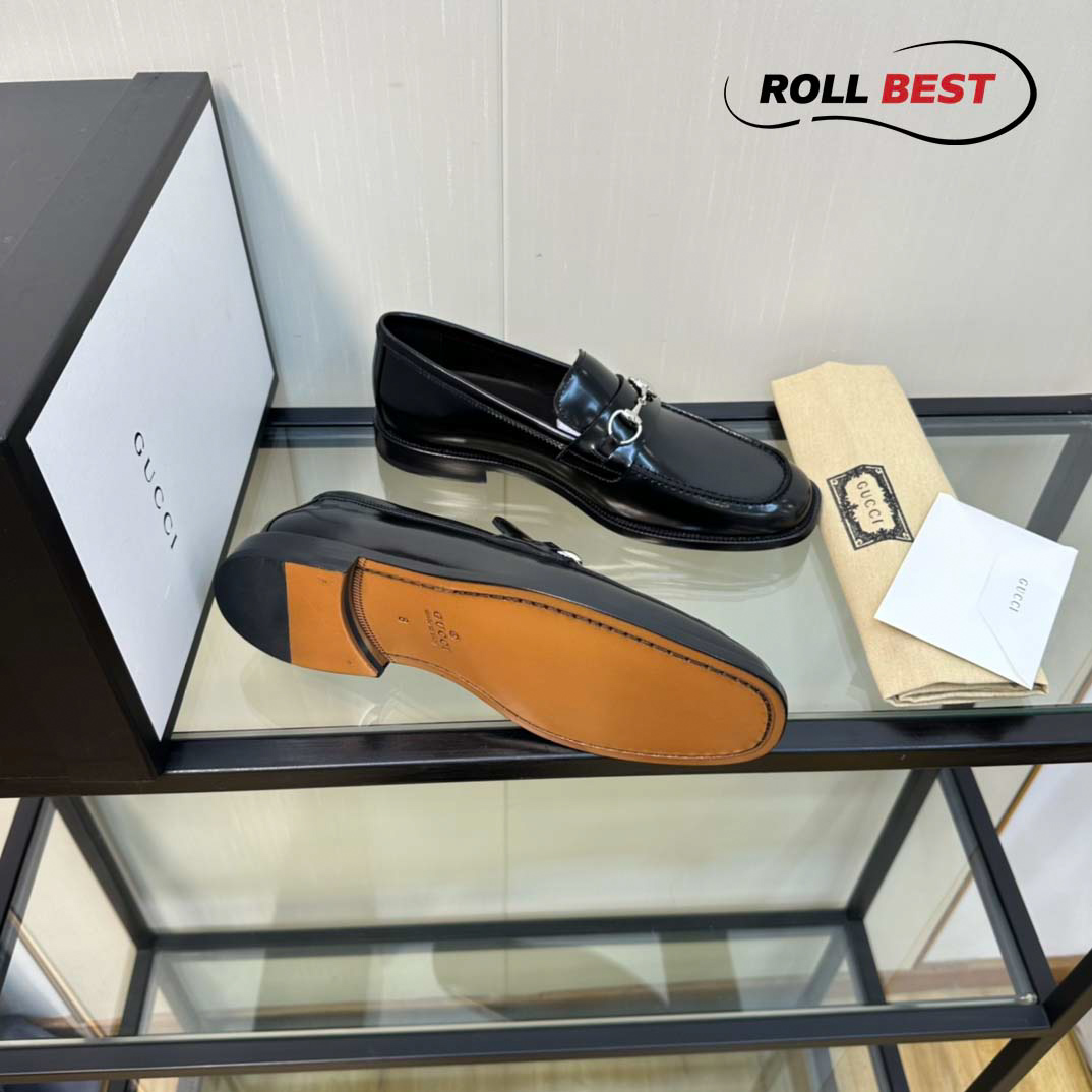 Giày Gucci Loafer Đen Da Trơn Khóa Bạc Ngang