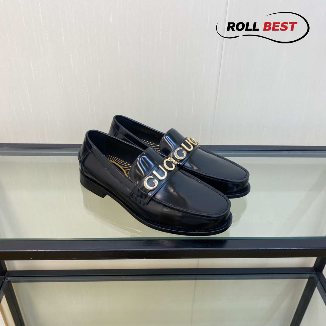 Giày Gucci Loafer Đen Da Trơn Logo Gucci Vàng 