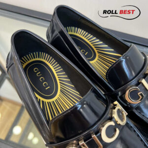 Giày Gucci Loafer Đen Da Trơn Logo Gucci Vàng