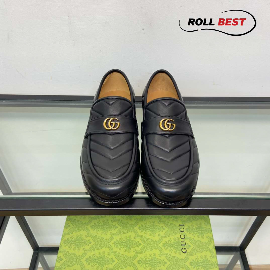 Giày Gucci Loafer Đen Họa Tiết Kẻ Nổi Logo Gucci Vàng