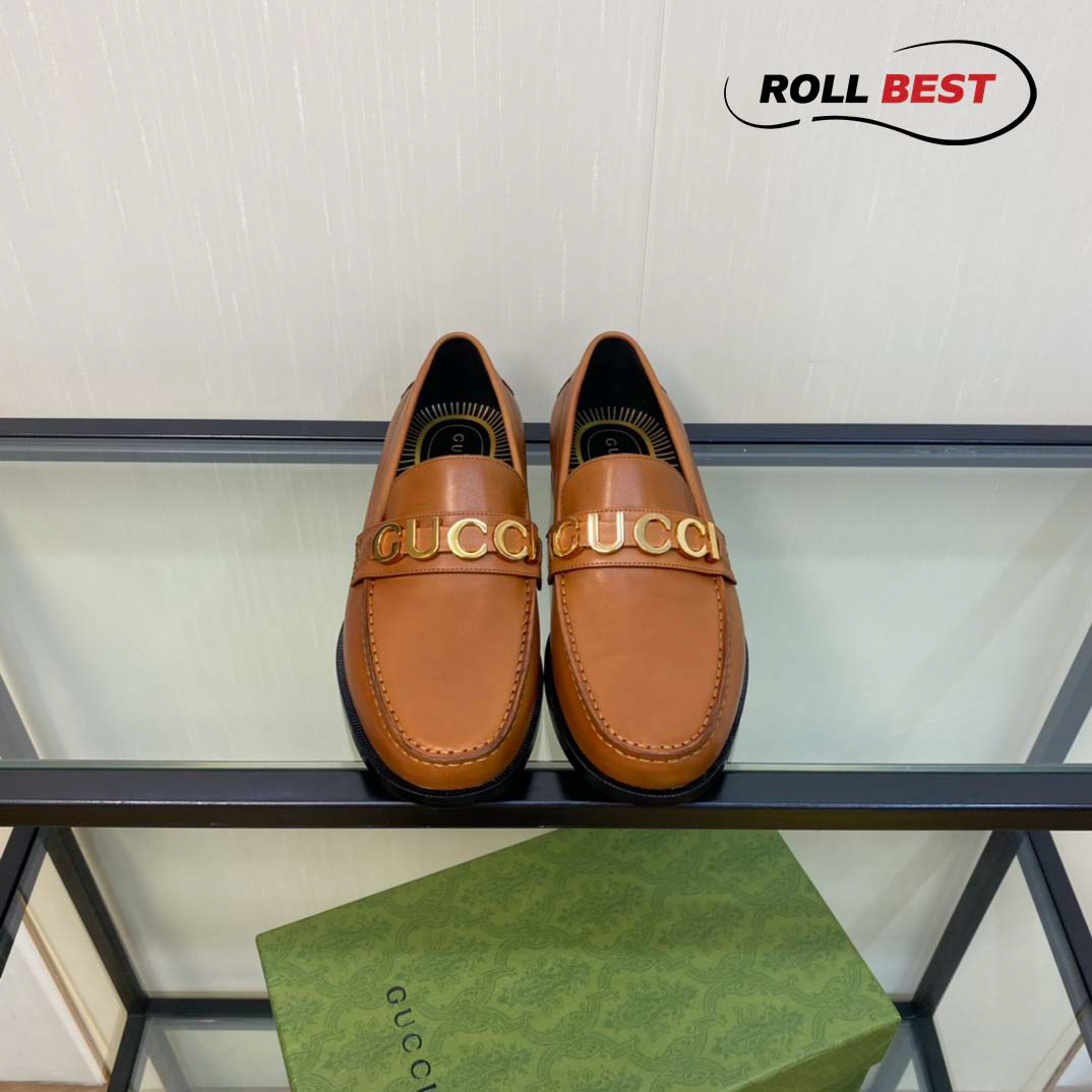 Giày Gucci Loafer Nâu Da Trơn Logo Gucci Vàng