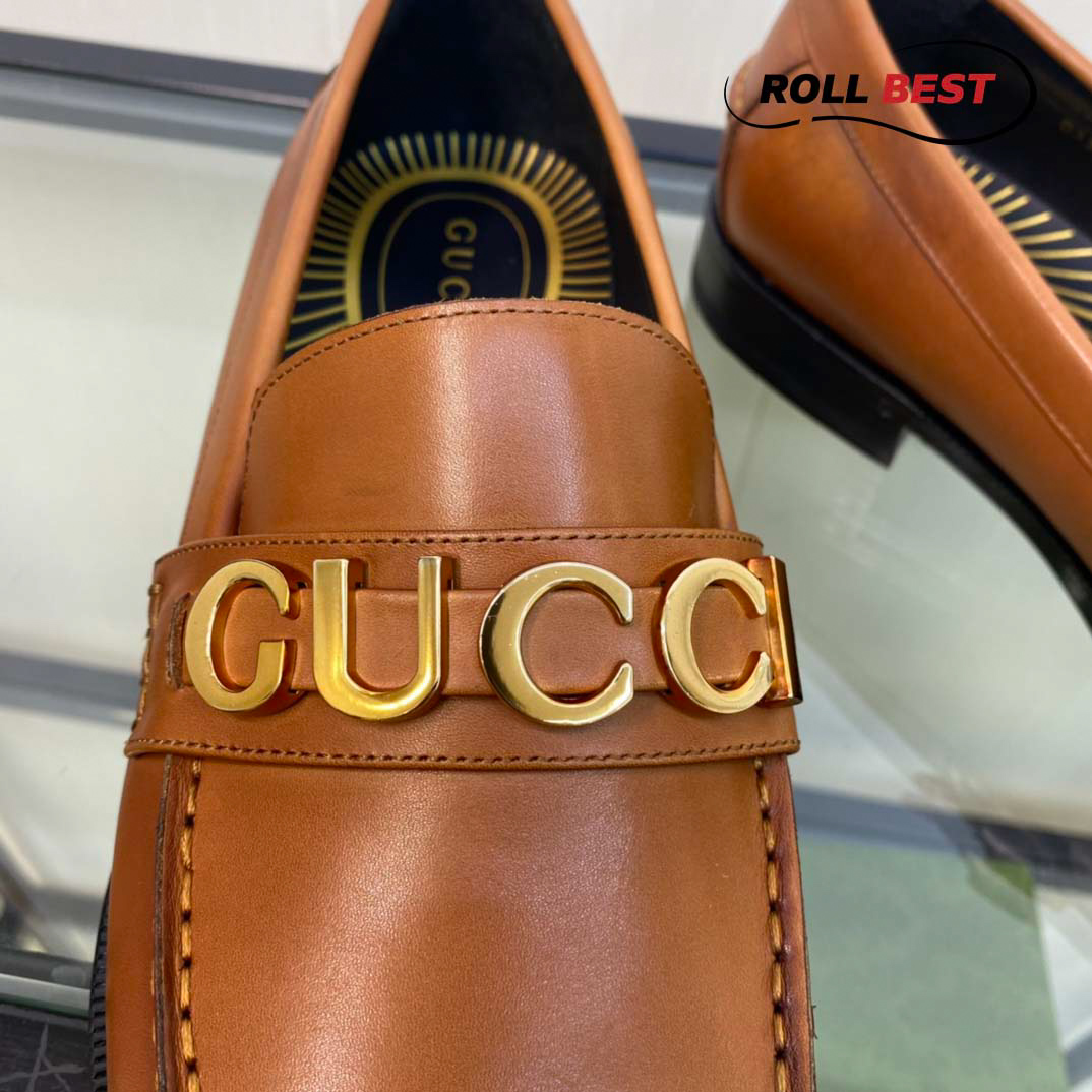 Giày Gucci Loafer Nâu Da Trơn Logo Gucci Vàng