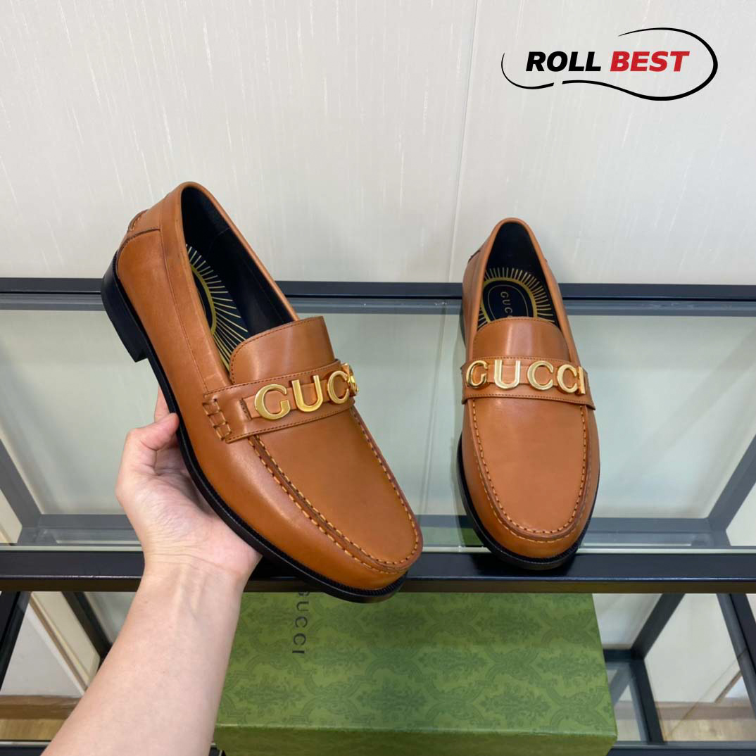 Giày Gucci Loafer Nâu Da Trơn Logo Gucci Vàng