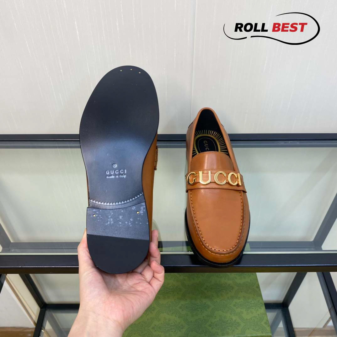 Giày Gucci Loafer Nâu Da Trơn Logo Gucci Vàng