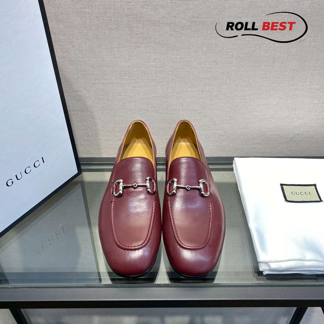 Giày Gucci Loafer Nâu Đỏ Da Nhăn Khóa Bạc Ngang