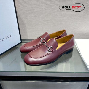 Giày Gucci Loafer Nâu Đỏ Da Nhăn Khóa Bạc Ngang