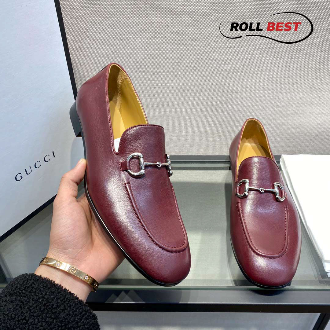 Giày Gucci Loafer Nâu Đỏ Da Nhăn Khóa Bạc Ngang