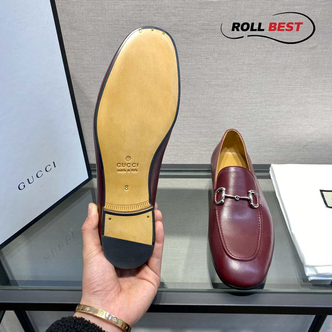 Giày Gucci Loafer Nâu Đỏ Da Nhăn Khóa Bạc Ngang