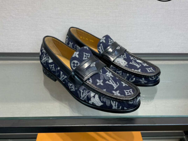 Giày Louis Vuitton Loafer Monogram Đế Cao Da Bò Xanh Than