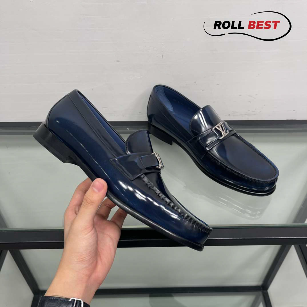 Giày Louis Vuitton Major Loafers Đế Cao Da Bóng Xanh Than