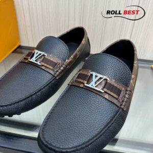 Giày Louis Vuitton Moccasin Đen Da Nhăn Viền Monogram