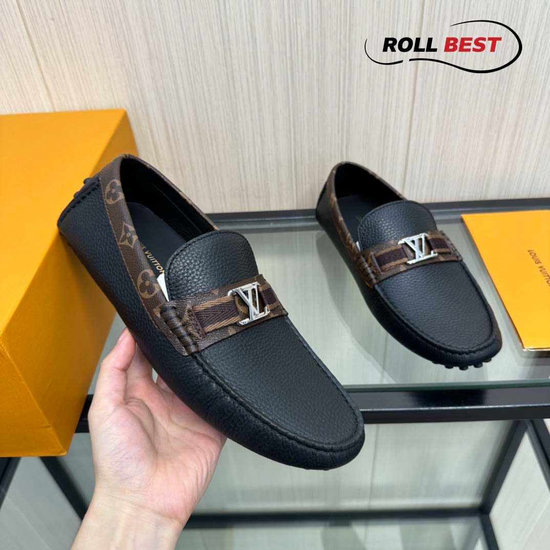 Giày Louis Vuitton Moccasin Đen Da Nhăn Viền Monogram