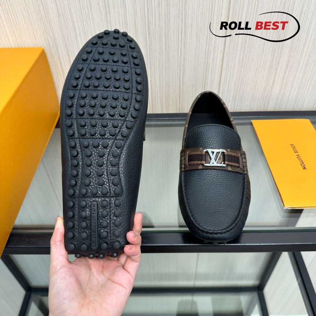 Giày Louis Vuitton Moccasin Đen Da Nhăn Viền Monogram