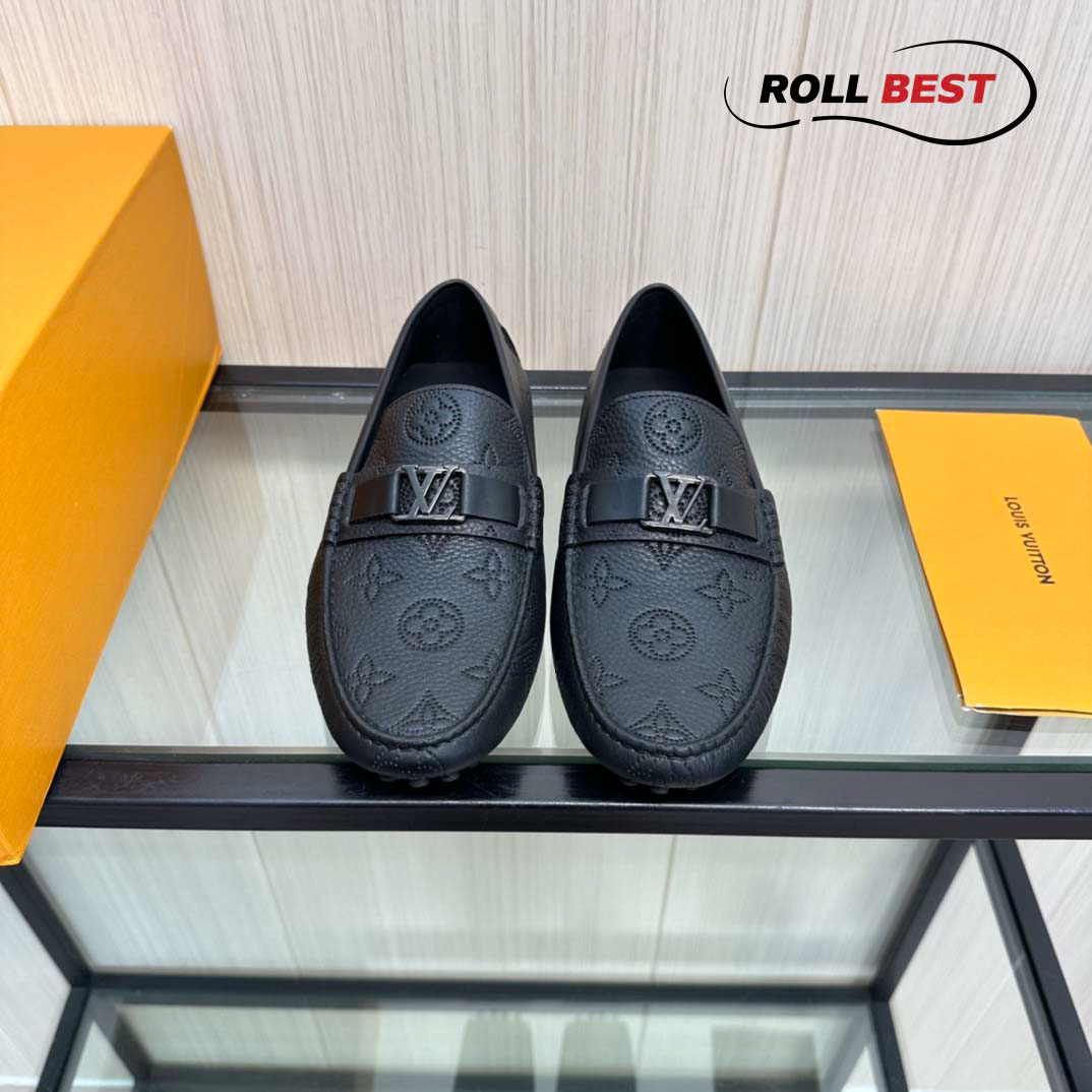 Giày Louis Vuitton Moccasin Đen Vân Monogram Chìm