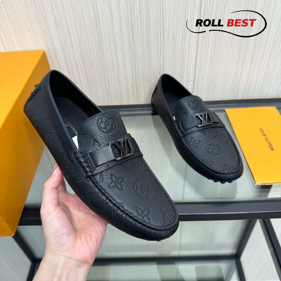 Giày Louis Vuitton Moccasin Đen Vân Monogram Chìm