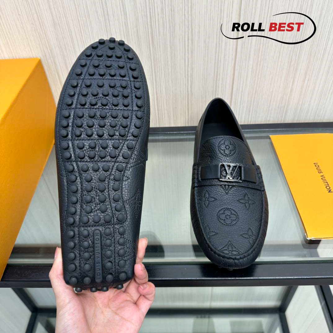 Giày Louis Vuitton Moccasin Đen Vân Monogram Chìm