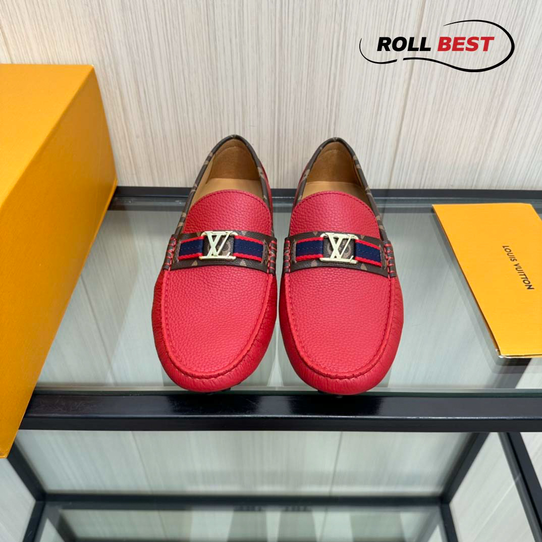 Giày Louis Vuitton Moccasin Đỏ Da Nhăn Viền Monogram