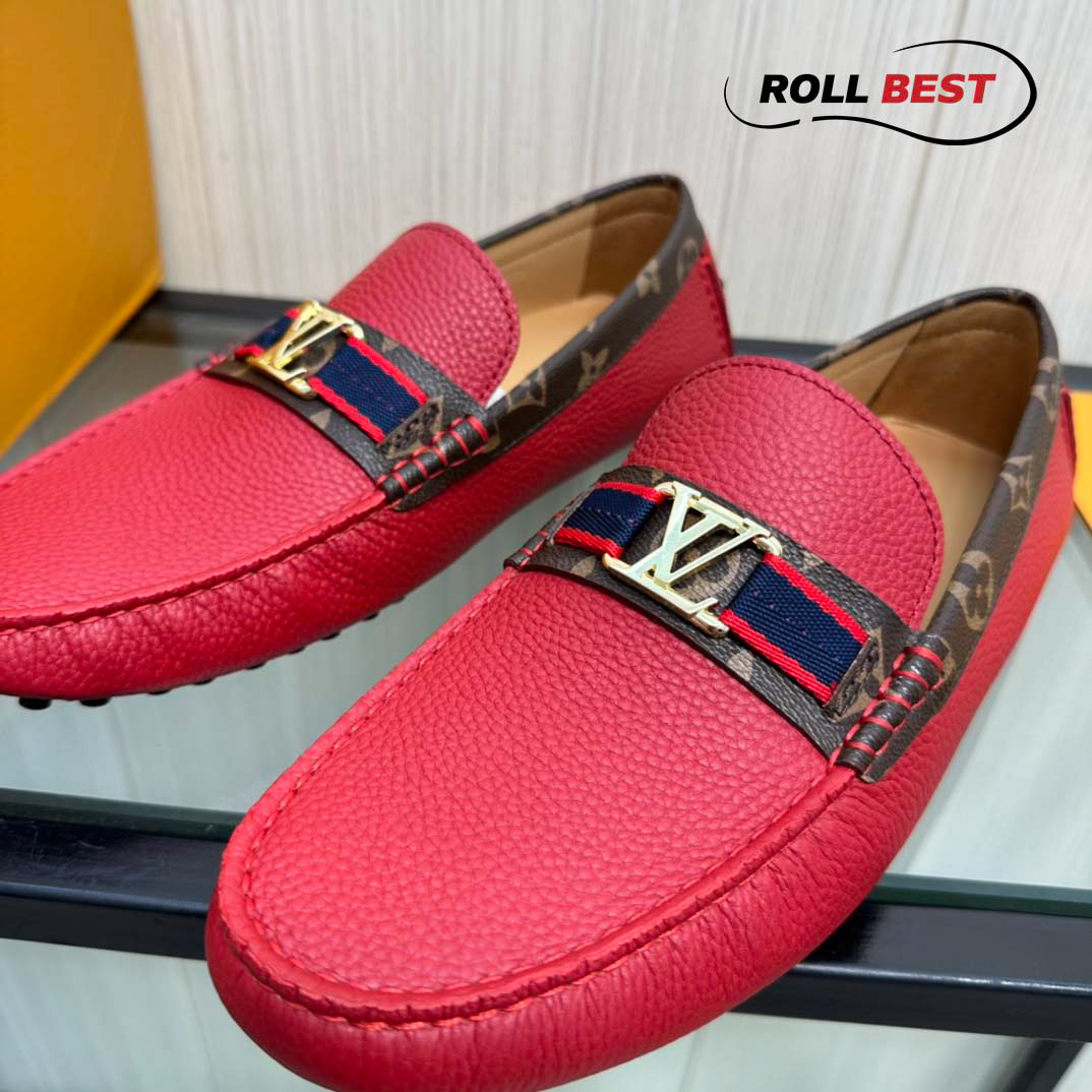 Giày Louis Vuitton Moccasin Đỏ Da Nhăn Viền Monogram