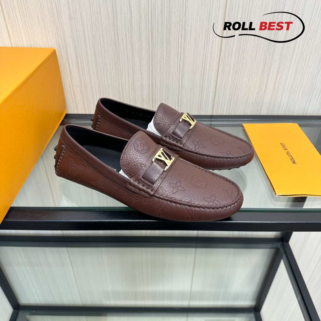 Giày Louis Vuitton Moccasin Đỏ Vân Monogram Chìm