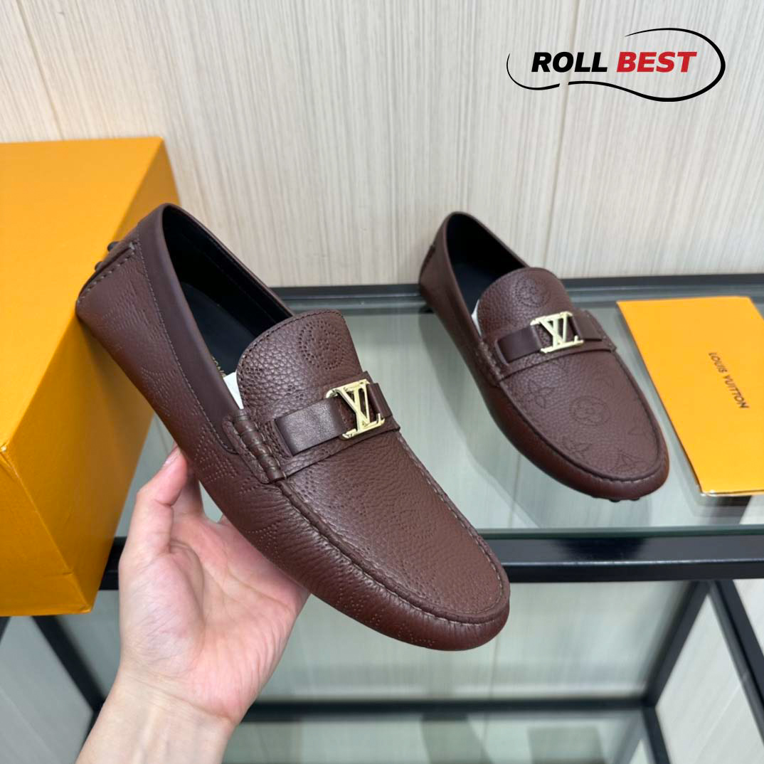 Giày Louis Vuitton Moccasin Đỏ Vân Monogram Chìm