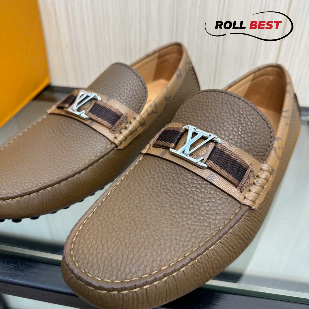 Giày Louis Vuitton Moccasin Nâu Da Nhăn Viền Monogram