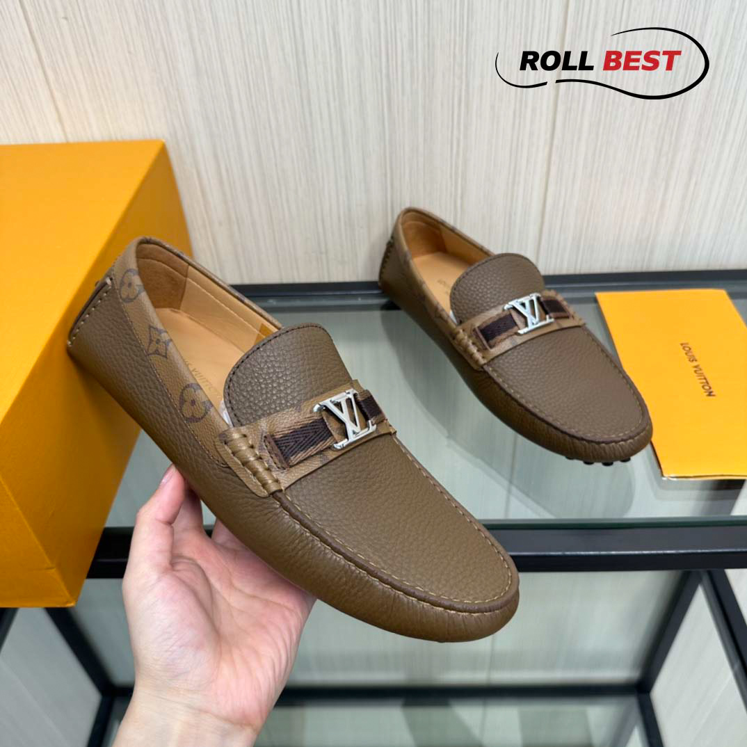 Giày Louis Vuitton Moccasin Nâu Da Nhăn Viền Monogram