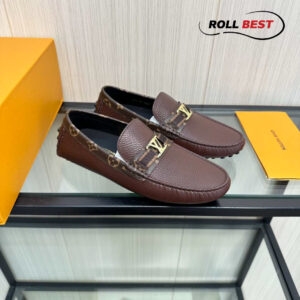 Giày Louis Vuitton Moccasin Nâu Đỏ Da Nhăn Viền Monogram