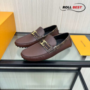 Giày Louis Vuitton Moccasin Nâu Đỏ Da Nhăn Viền Monogram