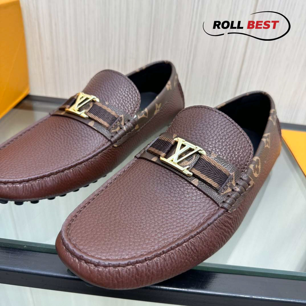 Giày Louis Vuitton Moccasin Nâu Đỏ Da Nhăn Viền Monogram