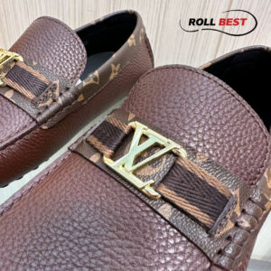 Giày Louis Vuitton Moccasin Nâu Đỏ Da Nhăn Viền Monogram