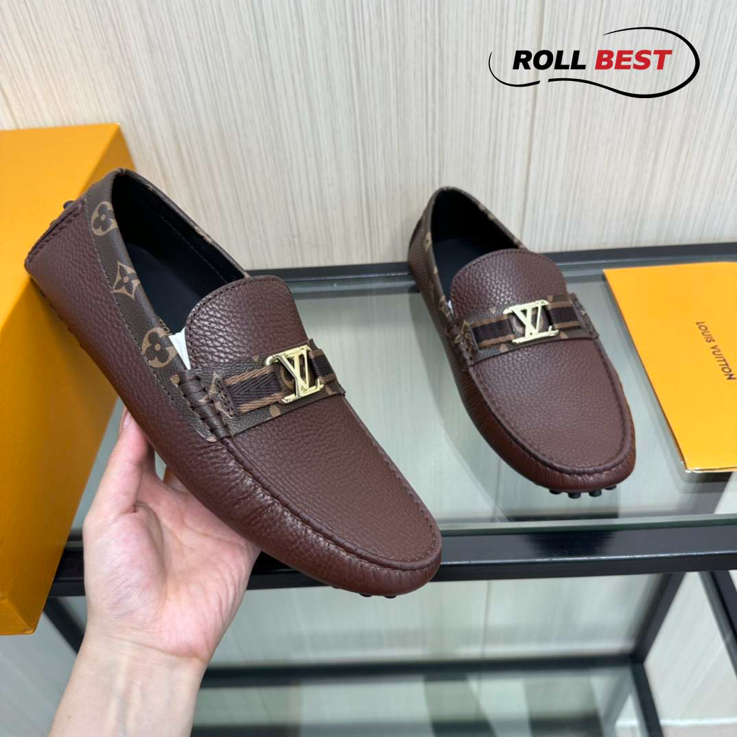 Giày Louis Vuitton Moccasin Nâu Đỏ Da Nhăn Viền Monogram