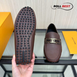 Giày Louis Vuitton Moccasin Nâu Đỏ Da Nhăn Viền Monogram