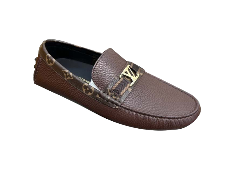 Giày Louis Vuitton Moccasin Nâu Đỏ Da Nhăn Viền Monogram