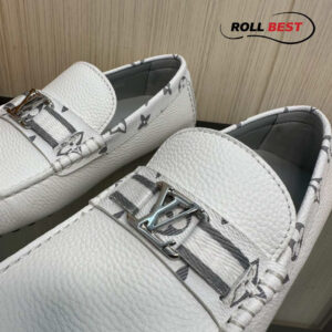 Giày Louis Vuitton Moccasin Trắng Da Nhăn Viền Monogram