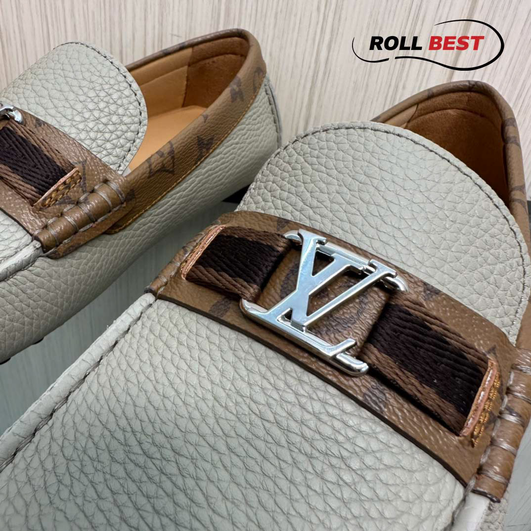 Giày Louis Vuitton Moccasin Trắng Nâu Da Nhăn Viền Monogram