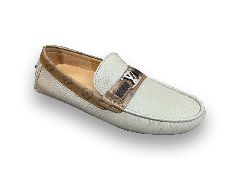 Giày Louis Vuitton Moccasin Trắng Nâu Da Nhăn Viền Monogram