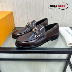 Giày lười Louis Vuitton Major Loafer Da Nâu Bóng Viền Monogram Khóa Bạc