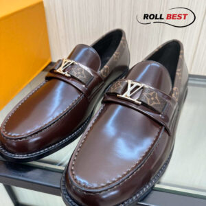 Giày lười Louis Vuitton Major Loafer Da Nâu Bóng Viền Monogram Khóa Bạc