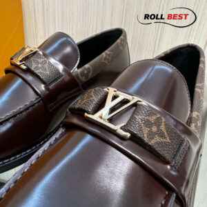 Giày lười Louis Vuitton Major Loafer Da Nâu Bóng Viền Monogram Khóa Bạc