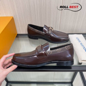 Giày lười Louis Vuitton Major Loafer Da Nâu Bóng Viền Monogram Khóa Bạc