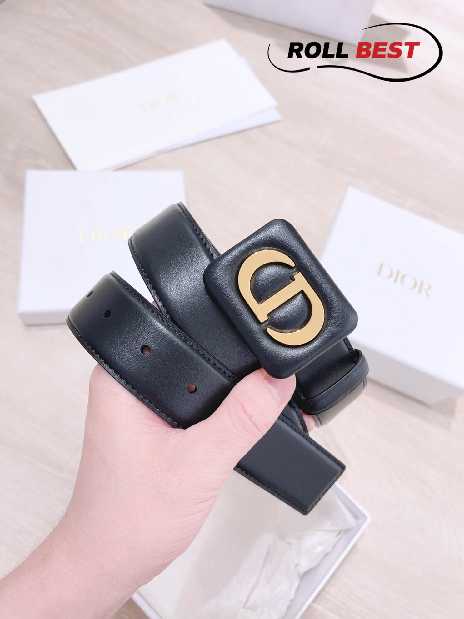 Thắt Lưng Dior Da Đen Khóa Hợp Kim Gold Mặt Vuông Bản To