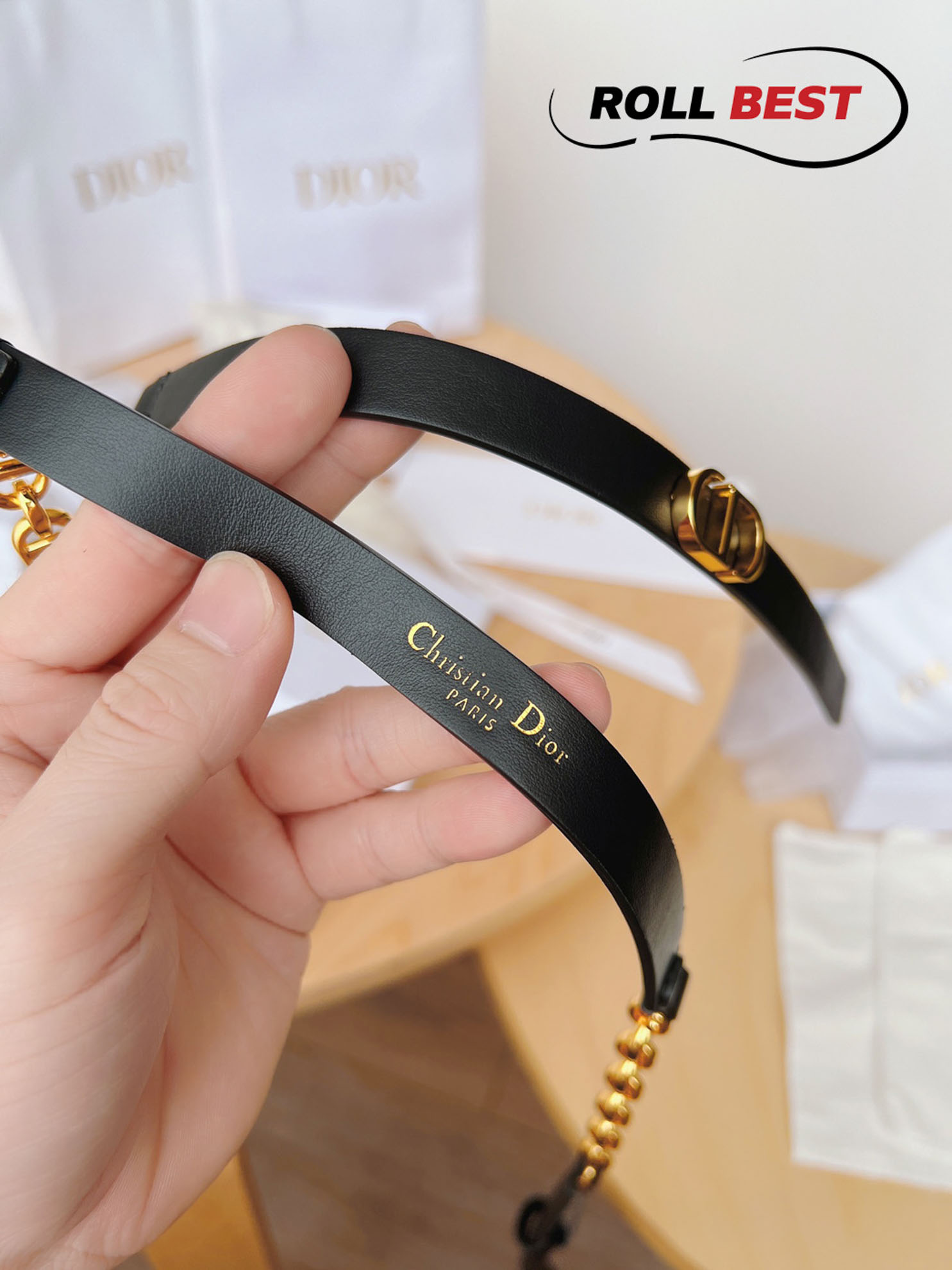 Thắt Lưng Dior Da Đen Trơn Phối Chuỗi Xích Khóa Logo CD Gold