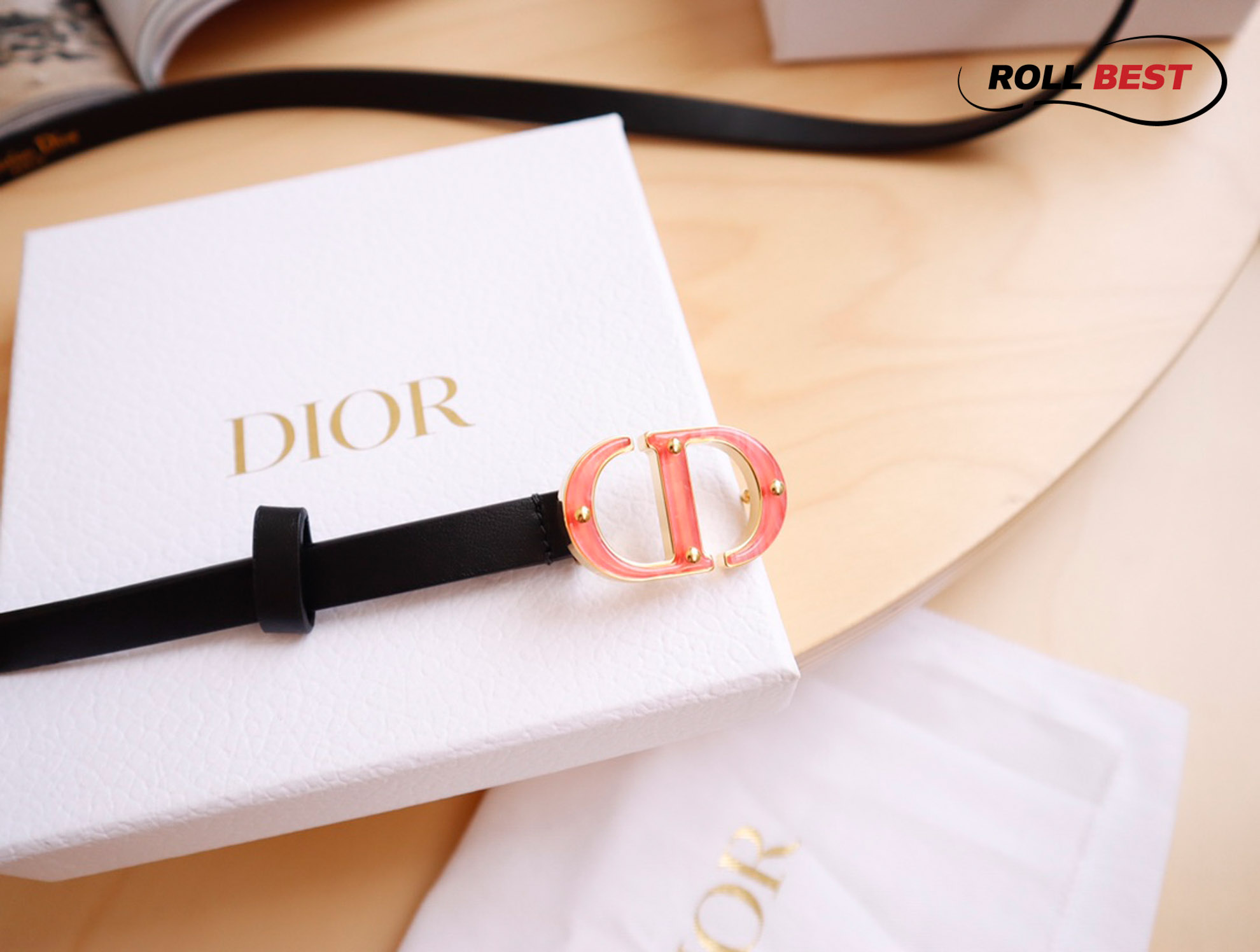 Thắt Lưng Dior Da Nhăn Đen Khóa Logo Mặt đỏ