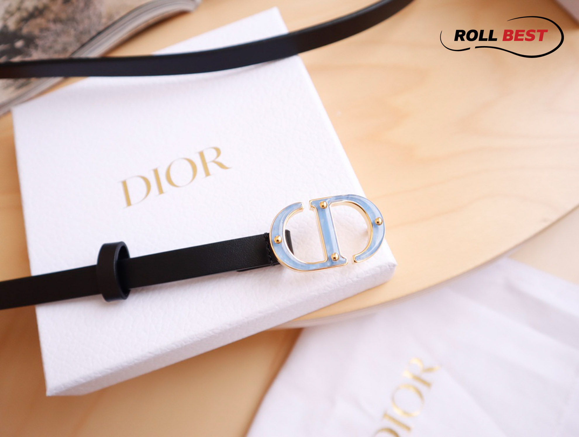 Thắt Lưng Dior Da Nhăn Đen Khóa Logo Mặt Xanh 